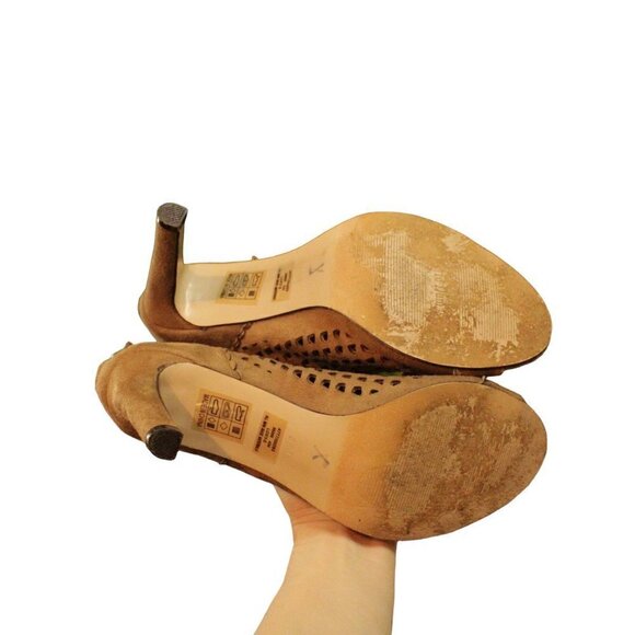 Pierre Dumas Lattice Suede Tan Ankle Heel with Peep Toe 8.5 Women’s - Picture 11 of 12